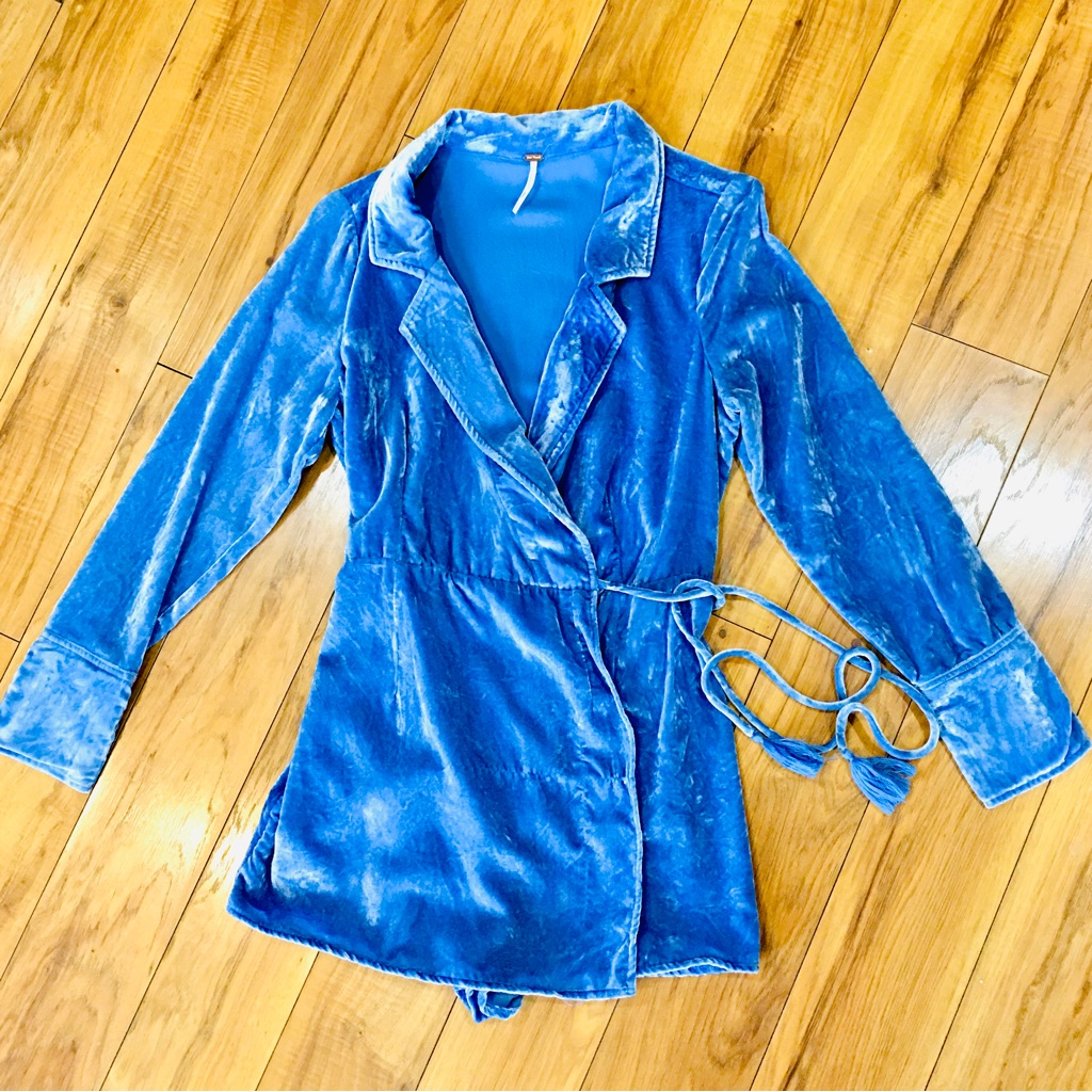 Free People Blue Velour Velvet Romper Shirt One Piece Outfit Small
